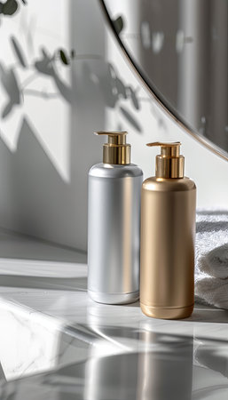 Two sleek bottles of shampoo and conditioner sit on a marble countertop, bathed in natural light.の素材