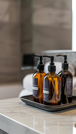Close-up of three amber glass bottles with black pumps, containing shampoo and conditioner. The bottles are on a black tray and positioned on a marble counter in a bathroom setting.の素材
