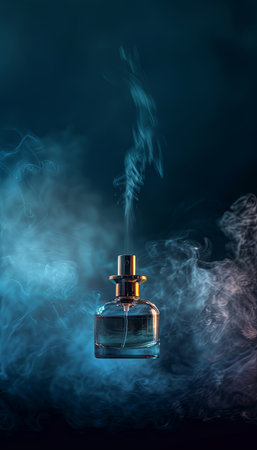 A close-up photo of a glass perfume bottle with delicate mist rising from the nozzle against a dark blue background.の素材