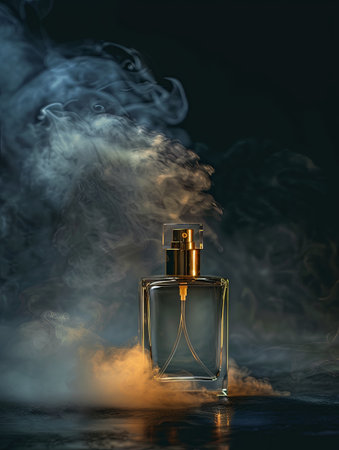 A glass perfume bottle with a gold top sits on a dark background, emitting a mist of fragrance.の素材