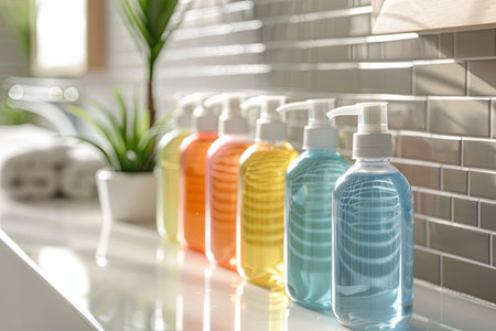 A row of stylish, colorful shampoo and conditioner bottles sit on a white countertop in a modern bathroom.の素材