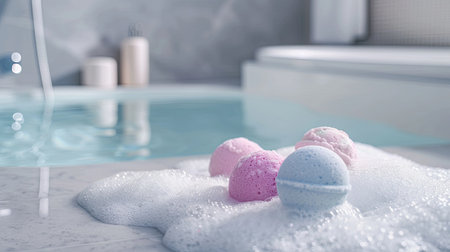 A close-up shot of colorful bath bombs resting in a bed of white bath foam, with a bathtub and bathroom in the background.の素材