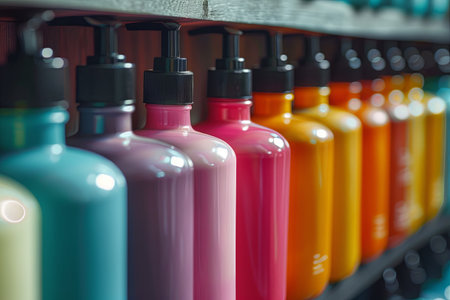 A row of colorful shampoo and conditioner bottles on a shelf in a salon.の素材