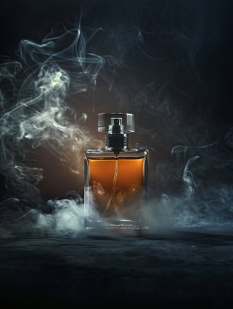 A close-up image of a perfume bottle on a dark surface, with delicate wisps of smoke swirling around it.の素材
