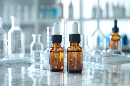 Two amber glass bottles with droppers are in focus on a clean, white countertop. Out of focus in the background are other laboratory tools and equipment.の素材