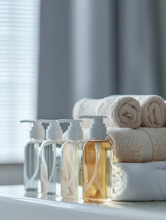 Four elegant shampoo and conditioner bottles sit on a countertop in a modern bathroom.の素材