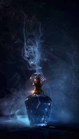A close-up of a blue glass perfume bottle with a gold top, releasing a wispy mist against a dark background.の素材