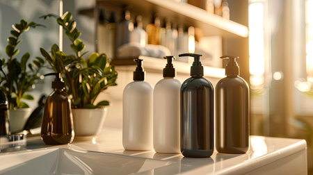 Four sleek bottles of shampoo and conditioner sit on a bathroom counter, bathed in soft, natural light.の素材