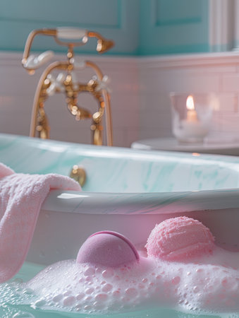 Close-up of two pink bath bombs in a foamy bathtub.の素材