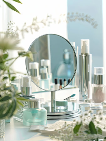 A tabletop mirror surrounded by various cosmetic products, creating a beautiful and organized vanity setup.の素材
