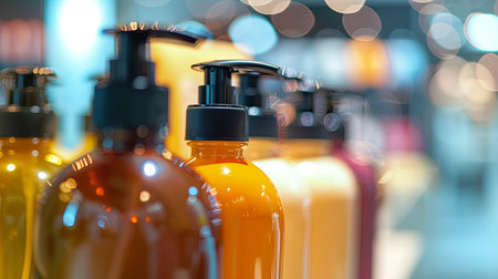 Close-up of elegant hair product bottles in a modern salon or bathroom setting.の素材
