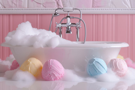 Colorful bath bombs surround a bathtub filled with soapy bubbles.の素材