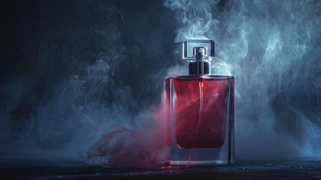 A close-up image of an elegant perfume bottle with a mist of fragrance in the air, set against a dark background.の素材