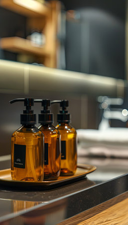 Three amber bottles of shampoo and conditioner sit on a tray in a modern bathroom.の素材