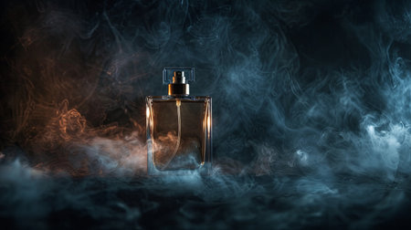 A close-up of a glass perfume bottle with mist floating around it against a dark background.の素材