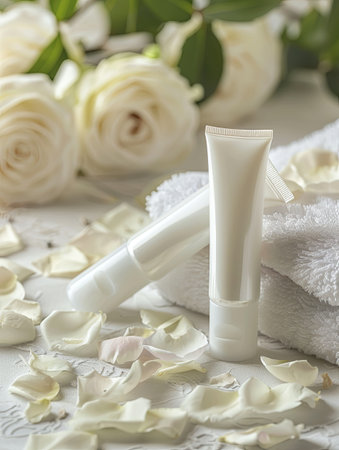 Two white tubes of cream rest on a stack of soft, white towels surrounded by delicate rose petals.の素材