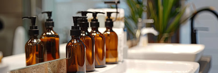 Close-up of stylish amber bottles of shampoo and conditioner in a modern bathroom setting.の素材