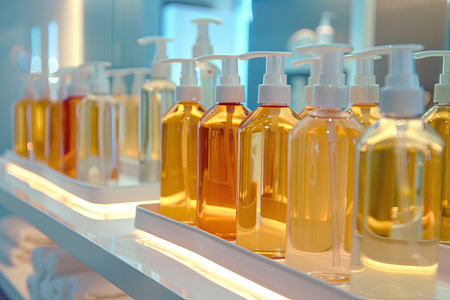 A close-up shot of stylish pump bottles of shampoo and conditioner lined up on a shelf in a clean, modern bathroom setting.の素材