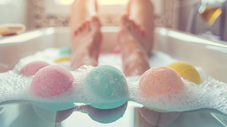 Colorful bath bombs and foamy bubbles create a relaxing atmosphere in a bathroom.の素材
