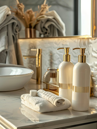 Two elegant bottles of shampoo and conditioner in a bathroom setting.の素材