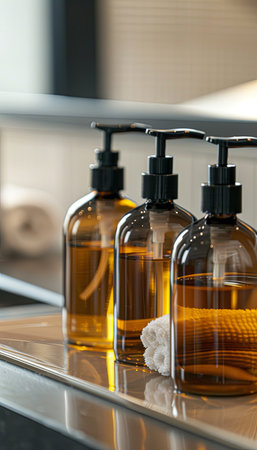 Close-up of three amber glass bottles with black pumps filled with hair care products, positioned on a countertop in a clean and modern bathroom.の素材