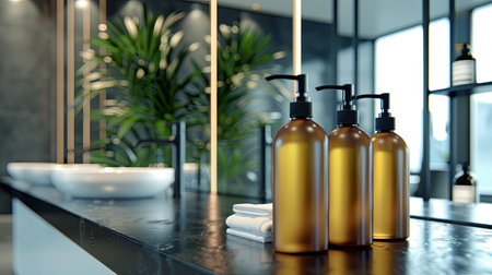 Three sleek, amber bottles of shampoo and conditioner sit on a countertop in a modern bathroom.の素材