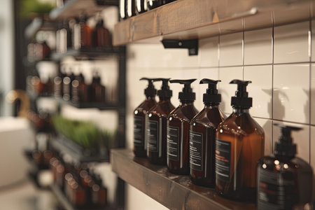 Rows of sleek, amber bottles with pumps, likely containing shampoo and conditioner, sit neatly on a wooden shelf.の素材