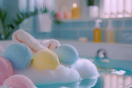 Vibrant bath bombs float in a bubbly bath, creating a luxurious and relaxing atmosphere.の素材