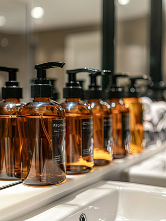 Close-up of elegant amber bottles of shampoo and conditioner lined up on a bathroom shelf.の素材