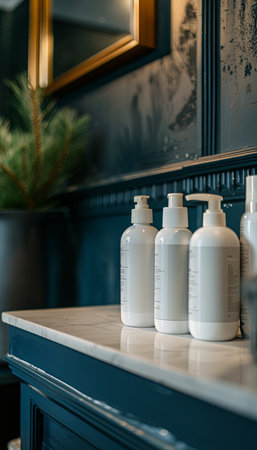 Closeup of sleek, white bottles of shampoo and conditioner on a white marble countertop.の素材