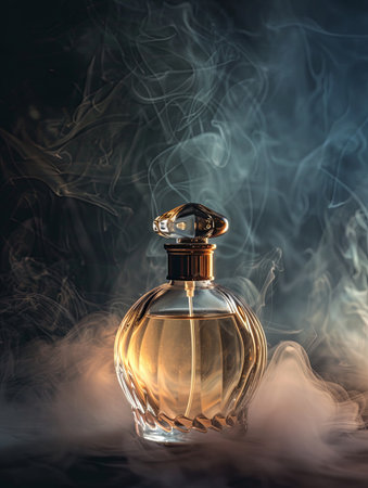 A close-up photo of a perfume bottle with a golden top, surrounded by a delicate mist on a dark background.の素材