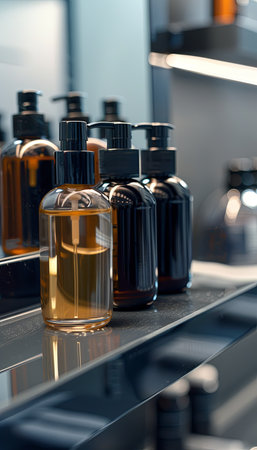 A close-up image of four sleek bottles of shampoo and conditioner on a modern bathroom shelf.の素材