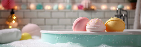 A close-up of colorful bath bombs and bubble foam in a modern bathroom.の素材