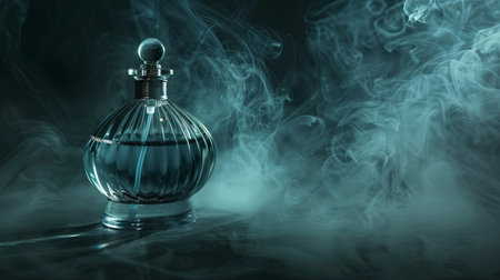 A glass perfume bottle with a delicate design sits on a dark background with mist rising from the bottle.の素材