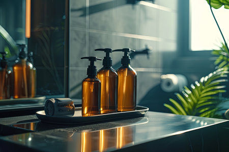 Three stylish amber bottles of shampoo and conditioner on a tray in a modern bathroom setting.の素材