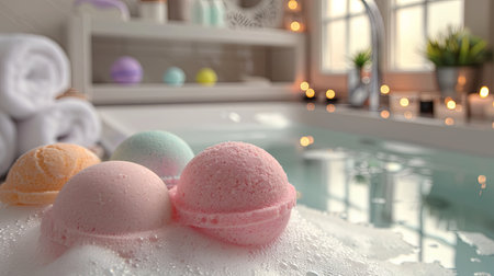 Bath bombs floating in a tub with bubbles.の素材
