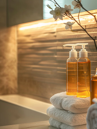 Two luxurious shampoo and conditioner bottles sit on a bathroom countertop with a stack of white towels.の素材