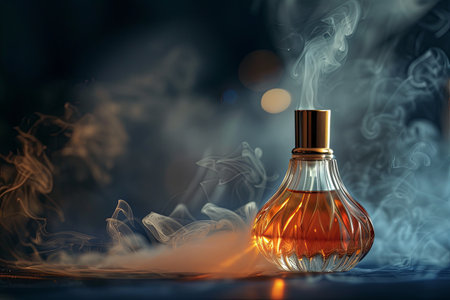 A close-up of an elegant perfume bottle with a plume of smoke rising from its opening.の素材