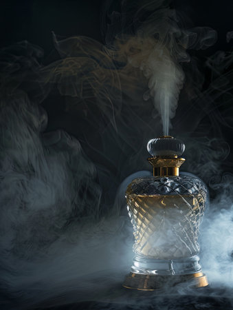 A close-up of a glass perfume bottle with gold accents, emitting a delicate mist against a dark, smoky background.の素材