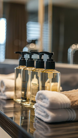 Close-up of stylish bottles of shampoo and conditioner on a bathroom countertop, with towels.の素材
