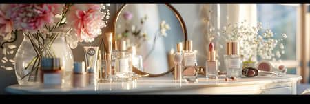 A vanity table with a mirror surrounded by cosmetic products, showcasing a bright and organized setting.の素材