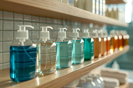 A row of sleek, clear bottles of shampoo and conditioner, neatly arranged on a wooden shelf in a modern bathroom setting.の素材