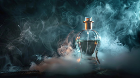 A close-up of an elegant perfume bottle with a delicate mist rising from it, set against a dark background.の素材