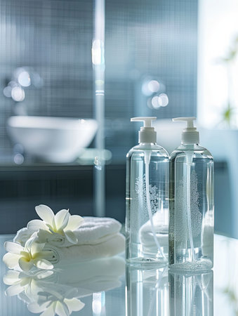 Two clear bottles of shampoo and conditioner with pumps sit on a glass countertop in a modern bathroom.の素材