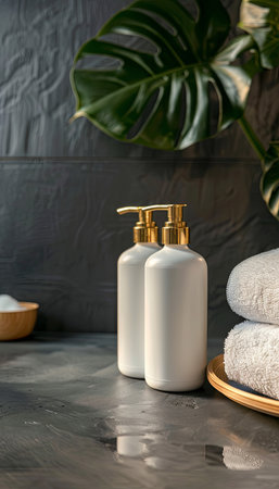 Two stylish white bottles with gold pumps on a sleek, dark countertop in a bathroom setting.の素材