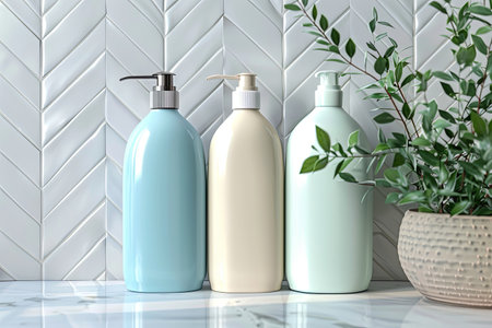 Three sleek shampoo and conditioner bottles with pumps sit on a white tiled countertop in a bathroom or salon.の素材