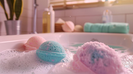 Close-up of colorful bath bombs dissolving in a bathtub filled with white foam.の素材