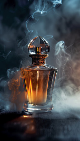 A close-up shot of an elegant perfume bottle with mist rising from it, set against a dark background.の素材