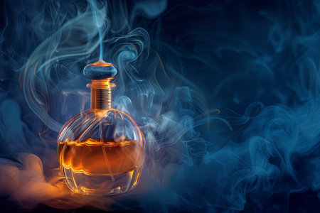 A luxurious perfume bottle with a delicate glass design, surrounded by wispy blue smoke trails on a dark backdrop.の素材