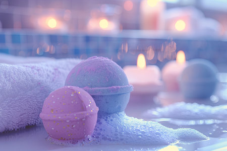 Two colorful bath bombs with sparkling glitter are partially submerged in a bubble bath, creating a luxurious and relaxing atmosphere.の素材